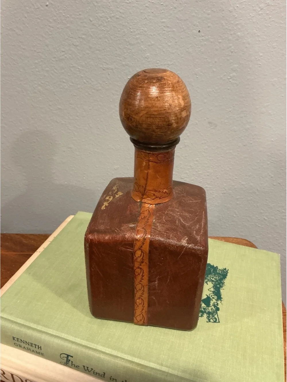 Vintage Leather Wrapped Decanter with Old World Venician Scene